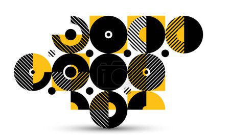 Ilustración de Arte abstracto geométrico, vector de fondo geométrico con azulejos de círculos y otras formas, textura rayada estilo modernismo motivo lineal, diseño creativo. - Imagen libre de derechos