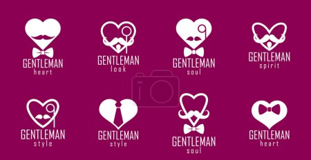 Ilustración de Caballero corazones vector iconos o logotipos conjunto, formas de corazón con lazos bigotes y gafas colección de símbolos, club de hombre, estilo masculino y la moda. - Imagen libre de derechos