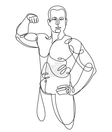 Téléchargez les illustrations : Linear drawing of a perfect body fit model man posing vector illustration isolated, muscular macho sexy guy with naked torso topless. - en licence libre de droit
