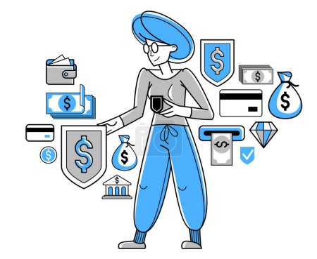 Téléchargez les illustrations : Financial safety concept vector outline illustration, young woman worker doing his job on a finance protection, customer feeling safe with his finance. - en licence libre de droit