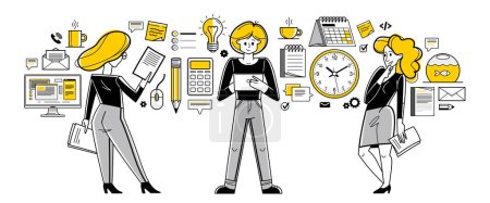 Illustration for Team doing office work vector outline illustration, career in company for employees, teamwork business and paperwork, office workers. - Royalty Free Image
