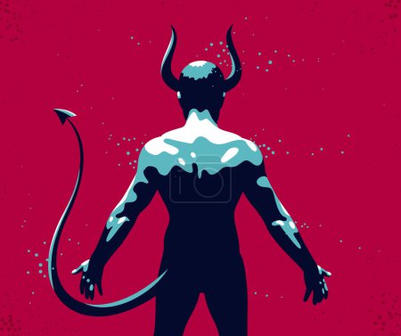 Illustration for Devil muscular strong man with horns and tail from back view vector illustration, powerful demon, the evil is strong, animal part of human nature, inner beast. - Royalty Free Image