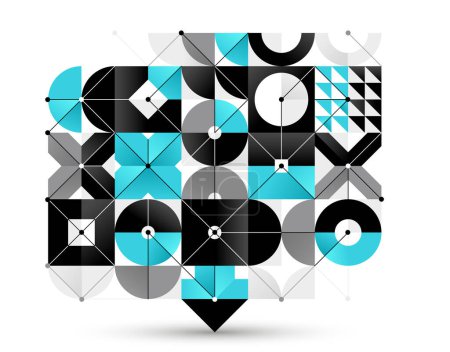 Illustration for Abstract vector Bauhaus geometric background, network and digital data composition, mechanical engine industry style, tech engineering look like shapes and lines. - Royalty Free Image
