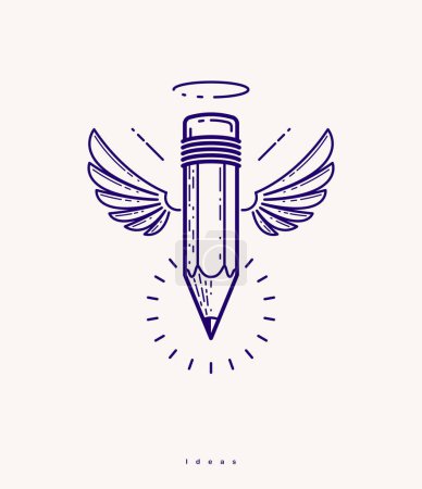Illustration for Pencil with wings and nimbus, vector simple trendy logo or icon for designer or studio, creative spirit, angel design, linear style. - Royalty Free Image