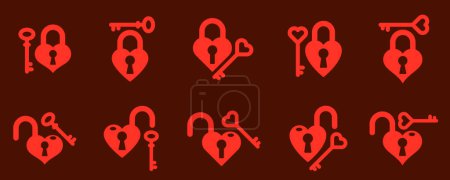 Illustration for Heart shaped padlocks vector logos or icons set, locks and turnkeys love theme in a shape of hearts open or closed emotions, secret feelings concept, Valentine theme. - Royalty Free Image
