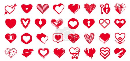 Ilustración de Corazones gran vector conjunto de diferentes formas y conceptos logos o iconos, amor y cuidado, salud y cardiología, geométrica y baja poli, colección de símbolos de formas de corazón. - Imagen libre de derechos