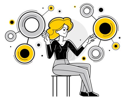 Illustration for Creative worker woman doing some job and creating some system, inspired inventive designer or engineer composing abstract elements, vector outline illustration. - Royalty Free Image