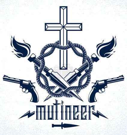 Ilustración de Gangster thug emblema o logotipo con Cruz Cristiana, armas y diferentes elementos de diseño, tatuaje vectorial, anarquía y caos, rebelde muerto partidista y revolucionario. - Imagen libre de derechos