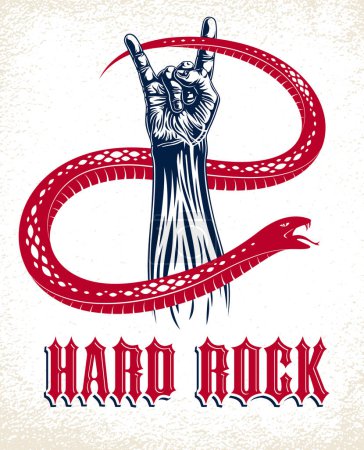 Illustration for Rock hand sign with aggressive snake, hot music Rock and Roll gesture and serpent, Hard Rock festival concert or club, vector label emblem or logo, musical instruments shop or recording studio. - Royalty Free Image