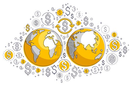 Ilustración de Concepto de economía global, planeta tierra con conjunto de iconos de dólar, negocios internacionales, cambio de divisas, conexión de red global de Internet, vector, elementos se pueden utilizar por separado. - Imagen libre de derechos