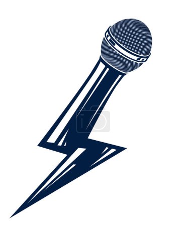 Illustration for Microphone in a shape of lightning, mic like a bolt, breaking news concept, rap battle rhymes music, karaoke singing or standup comedy, vector logo or illustration. - Royalty Free Image