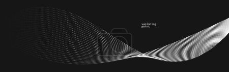 Ilustración de Ilustración abstracta del vector de fondo sobre negro, puntos en movimiento por líneas de curva, partículas onda de flujo aisladas, ilustración monocromática en blanco y negro. - Imagen libre de derechos