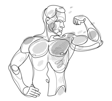 Ilustración de Athletic man torso vector linear illustration, male beauty with perfect muscular fit body posing, artistic drawing of fitness model. - Imagen libre de derechos