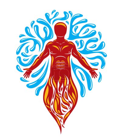Illustration for Vector illustration of human being standing, mythic ancient god. Prometheus surrounded by a water ball, water and fire diversity and harmony. - Royalty Free Image