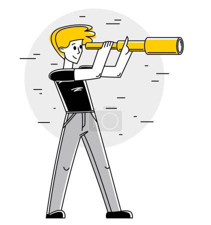 Illustration for Young man looking for opportunities using spyglass vector outline illustration, leader entrepreneur search for benefit in telescope, future strategy for commerce. - Royalty Free Image