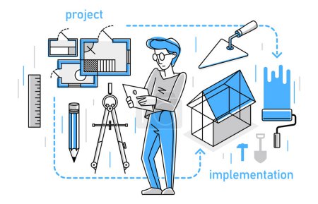 Illustration for Construction engineer working on a project, building architecture designer vector outline trendy illustration, professional in a work line drawing. Occupation builder architect. - Royalty Free Image
