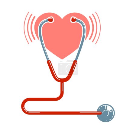Téléchargez les illustrations : Stéthoscope avec vecteur cardiaque icône simple isolée sur fond blanc, illustration de thème de cardiologie ou logo. - en licence libre de droit