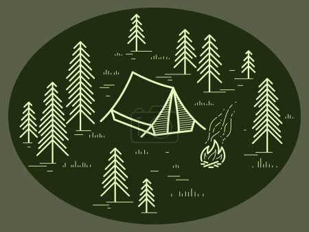 Illustration for Camping tent in pine forest vector linear illustration on dark, holidays and vacations in woods theme line art drawing, design wanderlust. - Royalty Free Image