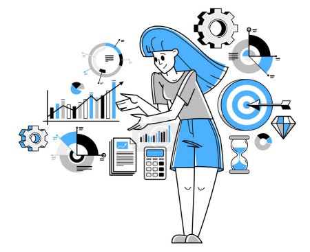 Illustration for Business goal vector outline illustration, business strategy entrepreneur woman developing and managing his plan, motivation and target. - Royalty Free Image