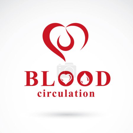 Illustration for Vector red heart with blood circulation inscription. Blood transfusion metaphor, medical care emblem for use in pharmacy. - Royalty Free Image