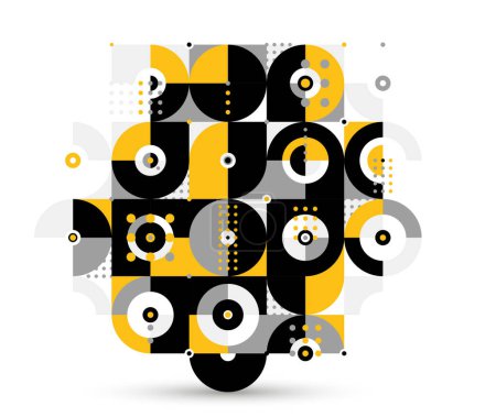 Téléchargez les illustrations : Fond modulaire vectoriel géométrique abstrait, motif de style modernisme rétro des années 70, carreaux modulaires à pois, motif à taches avec carrés et triangles cercles. - en licence libre de droit