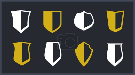 Téléchargez les illustrations : Classic shields vector set, ammo emblems collection, defense and safety icons, empty and blank design elements. - en licence libre de droit