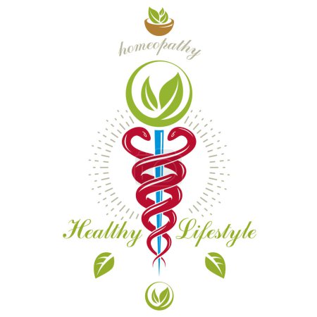 Illustration for Caduceus vector conceptual emblem created with mortar and pestle. Wellness and harmony metaphor. Alternative medicine concept, phytotherapy logo. - Royalty Free Image