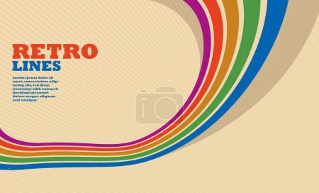 Illustration for Retro style abstract background with curve lines in all colors of rainbow, 3D dimensional seventieth vector art. - Royalty Free Image