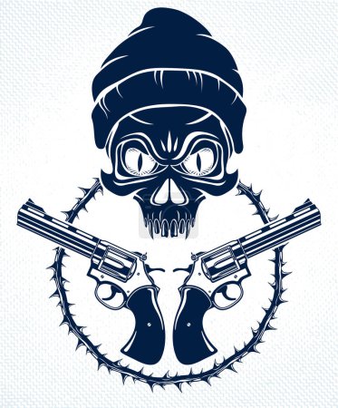 Illustration for Anarchy and Chaos aggressive emblem or logo with wicked skull, vector vintage scull tattoo, rebel gangster criminal and revolutionary. - Royalty Free Image