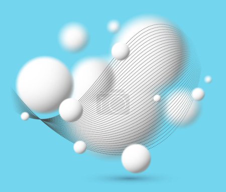 Ilustración de Esferas desenfocadas en 3D claras y suaves con partículas flujo de onda vector fondo abstracto sobre azul, relajantes bolas blancas ambientales en levitación, fondo de pantalla atmosférico. - Imagen libre de derechos