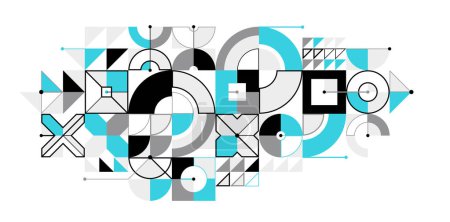 Illustration for Abstract vector Bauhaus geometric background, tech engineering look like shapes and lines composition, mechanical engine industry style, network and digital data. - Royalty Free Image