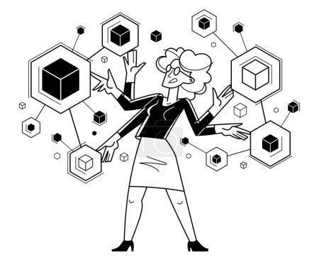 Illustration for Creative worker doing some job and creating some system, inspired inventive woman designer or engineer composing abstract elements, vector outline illustration. - Royalty Free Image