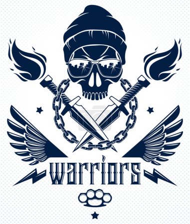 Illustration for Revolution and Riot wicked emblem or logo with aggressive skull, weapons and different design elements , vector tattoo, anarchy and chaos, rebel partisan and revolutionary. - Royalty Free Image