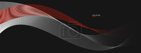 Illustration for Abstract background vector illustration, red and black dots in motion by curve lines, particles flow wave isolated, monochrome black and white illustration. - Royalty Free Image