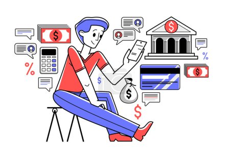 Téléchargez les illustrations : Online banking vector outline illustration, manager working with finances or customer manages his account with deposit or credit, e-banking. - en licence libre de droit