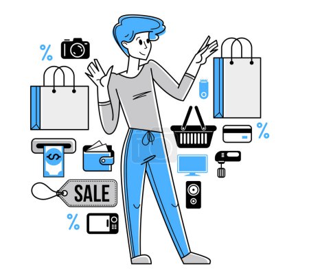 Téléchargez les illustrations : Shopping and discount vector outline illustration, store worker managing goods or customer have a big choice and enjoying cheap prices, adviser consultant. - en licence libre de droit