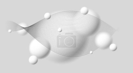 Ilustración de Luz y suave 3D esferas desenfocadas con partículas vector de flujo de onda fondo abstracto, relajante tema ambiente con bolas blancas en la levitación, fondo de pantalla atmosférico. - Imagen libre de derechos