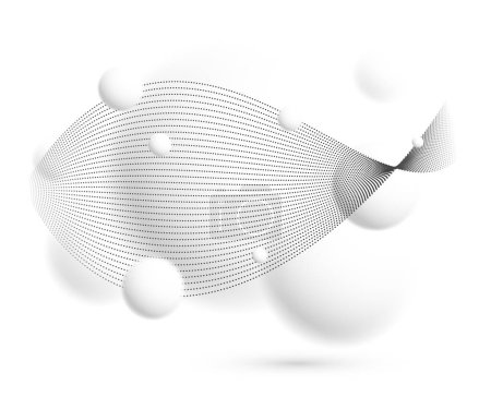 Téléchargez les illustrations : Sphères lévitantes lumière déconcentrée avec des particules ondulant fond vectoriel ambiant atmosphérique, conception dynamique boules 3D, papier peint futuriste doux et facile. - en licence libre de droit