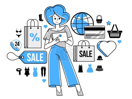 Téléchargez les illustrations : Online shopping and discount vector outline illustration, virtual store worker managing goods or customer have a big choice and enjoying cheap prices, adviser consultant. - en licence libre de droit
