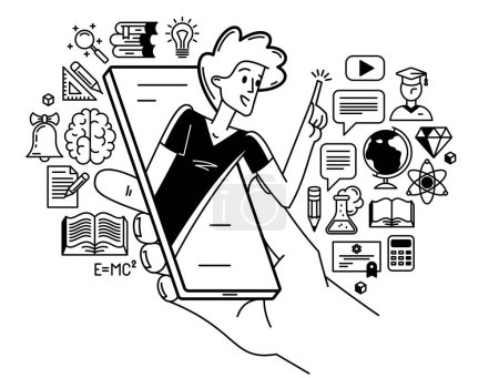 Illustration for Online education in university or collage, student is doing homework or preparing for remote exam, vector outline illustration, distance study sciences and graduate. - Royalty Free Image