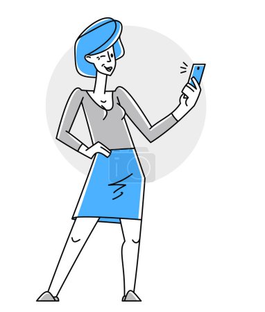 Illustration for Young person with mobile cell phone doing some online job or chatting in messenger or social media vector outline illustration. - Royalty Free Image