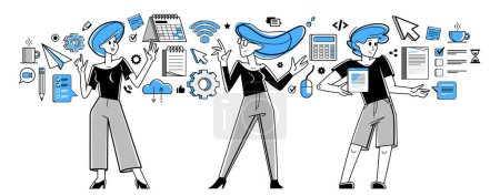 Téléchargez les illustrations : Office workers team doing everyday job vector outline illustration, career in company for employees, business and paperwork, managers. - en licence libre de droit