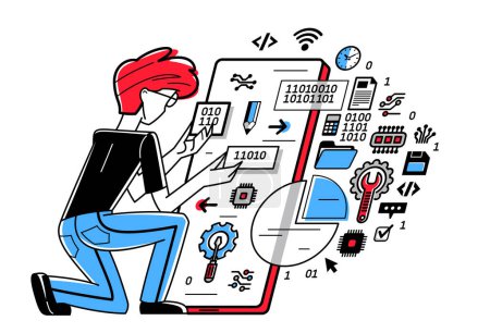 Téléchargez les illustrations : Programmer is coding and repairing some applications on phone, vector outline illustration, programming engineer working with app, sysadmin and coder. - en licence libre de droit