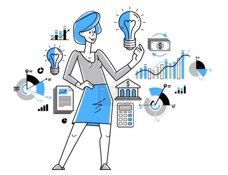 Illustration for Business idea light bulb in a hands of creative successful woman entrepreneur, business person thinking and have an insight about solution and development, vector. - Royalty Free Image
