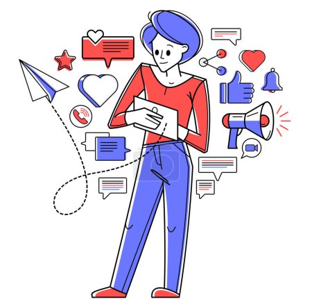Illustration for Work in social media, influencer messaging and comment some posts vector outline illustration, support service, work with customers and audience. - Royalty Free Image