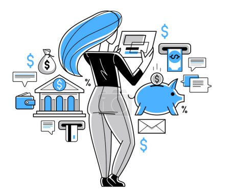 Illustration for Online banking vector outline illustration, manager working with finances or customer manages her account with deposit or credit, e-banking. - Royalty Free Image