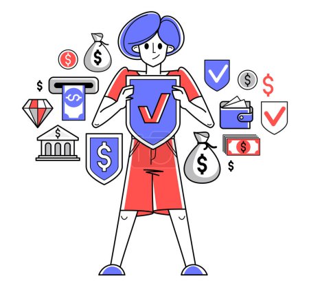 Téléchargez les illustrations : Financial protection and security vector outline illustration, bank worker is doing his job on financial safety, insurance and risk, secured shield. - en licence libre de droit