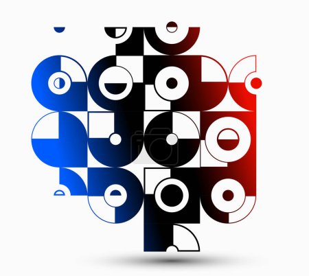 Illustration for Abstract vector Bauhaus geometric background, tech engineering look like shapes and lines composition, mechanical engine industry style, red black and blue. - Royalty Free Image
