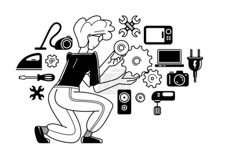 Illustration for Technician engineer repairing household appliances, repairman service vector outline illustration, engineer fixing and upgrading different technics. - Royalty Free Image