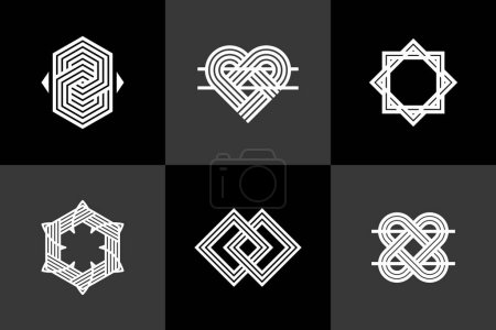 Ilustración de Conjunto de vectores de símbolos lineales geométricos abstractos, elementos de diseño gráfico para la creación de logotipos, líneas entrelazadas colección de iconos de estilo vintage. - Imagen libre de derechos